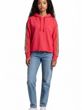 Women's red Hooded Pullover with Stripe Sleeve Detail